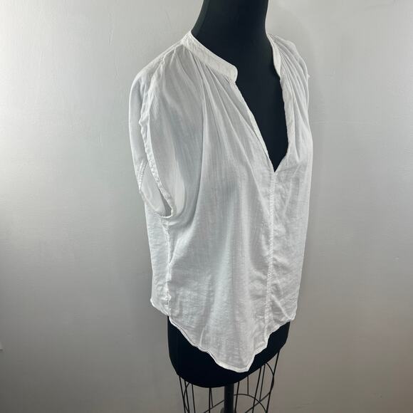 H&M White Blouse Cotton Split Neck Frill-Trimmed Cap Sleeve Pullover S M Medium - Picture 5 of 9